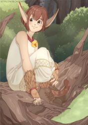 Rule 34 | 1girl, animal ears, animal nose, artist name, bare shoulders, bell, boots, brown eyes, brown hair, cat ears, cat girl, cat tail, closed mouth, dark cloud, dress, female focus, forest, jingle bell, looking to the side, nature, neck bell, outdoors, short hair, solo, tail, takoto, tree, watermark, web address, white dress, xiao (dark cloud)