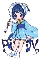 Rule 34 | bad id, bad pixiv id, blue eyes, blue hair, blush, calligraphy brush, happy, japanese clothes, kicham, kimono, paint, paintbrush, pixiv, socks, solo, tabi, writing