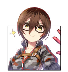 Rule 34 | 1girl, black-framed eyewear, breasts, brown hair, camouflage, camouflage jacket, closed mouth, glasses, grey jacket, hair between eyes, hololive, jacket, looking at viewer, mechanical arms, medium breasts, partially unzipped, roboco-san, roboco-san (1st costume), short hair, simple background, single mechanical arm, smile, solo, sparkle, strap, tokumaro, upper body, virtual youtuber, white background, yellow eyes
