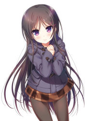 Rule 34 | 10s, 1girl, black pantyhose, blush, endou rino, hair ornament, hairclip, jacket, jinsei, light smile, long hair, looking at viewer, nanase meruchi, official art, own hands together, pantyhose, plaid, plaid skirt, purple eyes, simple background, skirt, smile, solo, tsurime, very long hair, white background