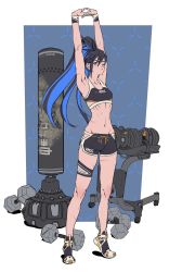 Rule 34 | 1girl, armband, arms up, blue eyes, blue hair, high ponytail, highres, instant ip, long hair, midriff, multiple scars, navel, one eye closed, original, ponytail, scar, short shorts, shorts, solo, sports bra, taped fingers, weights