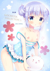 Rule 34 | 1girl, :o, angora rabbit, animal, bitter crown, blue eyes, blue hair, blue one-piece swimsuit, blush, breasts, breasts out, casual one-piece swimsuit, chestnut mouth, clothes pull, collarbone, commentary request, cowboy shot, double bun, flower, frilled swimsuit, frills, gochuumon wa usagi desu ka?, gradient background, hair bun, holding, holding animal, kafuu chino, leaning forward, light blue hair, long hair, looking at viewer, nipples, one-piece swimsuit, one-piece swimsuit pull, open mouth, polka dot, polka dot swimsuit, rabbit, sidelocks, small breasts, solo, standing, star (symbol), swimsuit, tippy (gochiusa), two-tone background