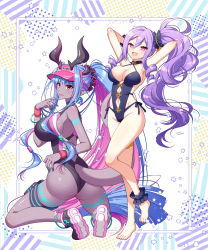 Rule 34 | 2girls, armpits, arms behind head, arms up, ass, back, bare shoulders, barefoot, black one-piece swimsuit, blue hair, blush, body markings, breasts, cleavage, colored skin, dark-skinned female, dark skin, earrings, eyeliner, fate/grand order, fate (series), full body, grey skin, hair between eyes, hair ornament, hair scrunchie, highleg, highleg swimsuit, highres, horns, ibuki douji (fate), ibuki douji (swimsuit berserker) (fate), jewelry, large breasts, long hair, looking at viewer, looking back, makeup, multicolored hair, multiple girls, navel, one-piece swimsuit, oni, oni horns, open mouth, pink hair, pink headwear, pink one-piece swimsuit, pointy ears, ponytail, purple eyes, purple hair, red eyes, sakura tsubame, scrunchie, shoes, side ponytail, sidelocks, smile, sneakers, squatting, swimsuit, tail, thigh strap, thighlet, tongue, tongue out, two-tone swimsuit, very long hair, visor cap, wrist scrunchie, wristband, wu zetian (fate), wu zetian (swimsuit caster) (fate), wu zetian (swimsuit caster) (first ascension) (fate)