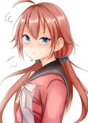 Rule 34 | 1girl, :&lt;, ahoge, black sailor collar, blue eyes, blush, bow, brown hair, closed mouth, commentary request, dakkusu, dated, from side, hair between eyes, highres, jacket, kouroya sutea, long hair, looking at viewer, looking to the side, low twintails, megami-ryou no ryoubo-kun, red jacket, sailor collar, school uniform, serafuku, shirt, signature, simple background, solo, squiggle, twintails, upper body, very long hair, white background, white bow, white shirt