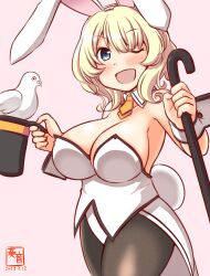 Rule 34 | 1girl, animal ears, bare shoulders, baton, bird, black pantyhose, blonde hair, blue eyes, blush, braid, breasts, cleavage, colorado (kancolle), covered navel, detached collar, fake animal ears, fake tail, hat, kanon (kurogane knights), kantai collection, large breasts, leotard, looking at viewer, magician, necktie, one-hour drawing challenge, open mouth, pantyhose, pigeon, playboy bunny, rabbit ears, rabbit tail, short hair, showgirl skirt, side braids, smile, solo, strapless, strapless leotard, tail, top hat, white leotard, wrist cuffs, yellow necktie