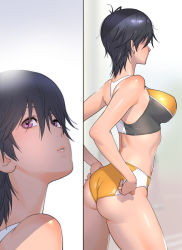 Rule 34 | 1girl, adjusting buruma, adjusting clothes, ass, bare shoulders, black hair, breasts, buruma, commentary, cowboy shot, face, from side, kotoyoshi yumisuke, large breasts, looking up, midriff, multiple views, original, parted lips, purple eyes, short hair, sports bra, thighs, toned, track uniform, two-tone sports bra, wedgie