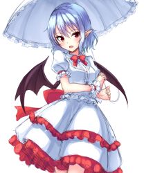 Rule 34 | 1girl, :d, absurdres, alternate costume, bad hands, bat wings, blue hair, blush, bow, bowtie, breasts, cowboy shot, dress, fang, highres, holding, holding umbrella, junior27016, layered dress, no headwear, open mouth, parasol, pointy ears, puffy short sleeves, puffy sleeves, red bow, red bowtie, red eyes, remilia scarlet, short hair, short sleeves, sketch, small breasts, smile, solo, touhou, umbrella, white background, white dress, wings, wrist cuffs