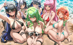 Rule 34 | 6+girls, :d, animal print, arm up, ass, bare shoulders, barefoot, beach, bikini, black bikini, black hair, blue eyes, blue hair, blush, breasts, ceres fauna, cleavage, closed eyes, closed mouth, collarbone, commentary, cow print, english commentary, feet, from above, green bikini, green hair, grey hair, highres, hololive, hololive english, horns, kneeling, large breasts, long hair, looking at viewer, looking up, mole, mole under eye, mori calliope, multicolored hair, multiple girls, nerissa ravencroft, o-ring, o-ring bikini, open mouth, orange hair, ouro kronii, outdoors, pink hair, piukute062, ponytail, purple eyes, red bikini, shiori novella, signature, skindentation, smile, soles, swimsuit, takanashi kiara, takanashi kiara (casual), thigh strap, thighs, toes, two-tone hair, virtual youtuber, water, yellow eyes