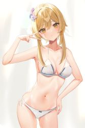Rule 34 | 1girl, absurdres, amrita (amber78gou), bare shoulders, blonde hair, blush, bow, bow panties, bra, breasts, cleavage, closed mouth, collarbone, commentary request, fingernails, flower, genshin impact, hair flower, hair ornament, hand on own hip, hand up, head tilt, highres, long hair, looking at viewer, lumine (genshin impact), medium breasts, navel, panties, shiny skin, side-tie panties, simple background, smile, solo, stomach, thighs, underwear, underwear only, white panties