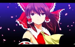Rule 34 | 1girl, ascot, bare shoulders, bow, brown hair, cherry blossoms, detached sleeves, dress, elbow gloves, frilled shirt collar, frills, gloves, hair bow, hair ornament, hair tubes, hakurei reimu, highres, letterboxed, long hair, nekominase, petals, red dress, ribbon, ribbon-trimmed sleeves, ribbon trim, sarashi, serious, short hair, solo, touhou, tsurime, upper body