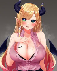 Rule 34 | 1girl, bare shoulders, bat tattoo, black bra, black horns, black skirt, blonde hair, blush, bra, breast tattoo, breasts, cleavage, collarbone, collared shirt, demon girl, demon horns, demon wings, festa11307070, frilled shirt, frills, gradient hair, green eyes, grey background, hand up, highres, hololive, horns, lace, lace-trimmed bra, lace trim, large breasts, lingerie, looking at viewer, multicolored hair, open mouth, parted bangs, partially unbuttoned, pink hair, pink shirt, pointy ears, shiny skin, shirt, sidelocks, signature, skirt, sleeveless, sleeveless shirt, solo, steaming body, sweat, sweatdrop, swept bangs, tattoo, underwear, upper body, virtual youtuber, wet, wet clothes, wet shirt, wings, yuzuki choco, yuzuki choco (1st costume)