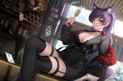 Rule 34 | alcohol, animal ear fluff, animal ears, belt, belt buckle, black bra, black choker, black dress, black footwear, boots, bottle, bra, breasts, buckle, card, champagne, champagne flute, chien zero, choker, cleavage, collarbone, copyright request, crossed legs, cup, dress, drinking glass, green eyes, holding, holding cup, indoors, large breasts, long hair, long sleeves, looking at viewer, nail polish, parted lips, playing card, ponytail, purple hair, purple nails, smile, tail, thigh boots, thigh strap, thighhighs, underbust, underwear, zettai ryouiki