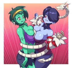 Rule 34 | 2girls, bare shoulders, blue hair, blue skin, blush, breast press, breasts, cleavage, colored skin, crossover, detached sleeves, dress, earrings, fang, green hair, green skin, hair over one eye, hairband, highres, jewelry, jmg, large breasts, midriff, multiple girls, navel, off shoulder, open mouth, red eyes, restrained, rottytops, shantae (series), shirt, shorts, skeleton, skull earrings, skullgirls, sleeveless, sleeveless shirt, squigly (skullgirls), stitched mouth, stitches, symmetrical docking, tank top, trait connection, undead, zombie