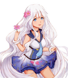 Rule 34 | 1girl, bare shoulders, blue eyes, blue necktie, blush, breasts, cleavage, flower, hair flower, hair ornament, highres, holding, holding flower, long hair, looking at viewer, medium breasts, necktie, open mouth, smile, solo, south dakota (warship girls r), standing, teeth, very long hair, warship girls r, white hair, xing muhen