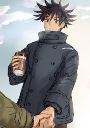 Rule 34 | 2boys, black hair, blue eyes, breath, buttons, cloud, coat, coffee cup, commentary request, cup, disposable cup, eyelashes, fushiguro megumi, hair between eyes, hand grab, holding, holding cup, itadori yuuji, jujutsu kaisen, long sleeves, male focus, multiple boys, nori20170709, out of frame, outdoors, pants, short hair, spiked hair, wide-eyed, winter clothes, winter coat