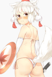 Rule 34 | 1girl, alternate costume, animal ears, ass, back, bikini, blush, clothing cutout, elbow gloves, flat ass, gloves, hat, highres, inubashiri momiji, looking at viewer, looking back, nishiuri, pom pom (clothes), red eyes, ribbon-trimmed gloves, ribbon trim, shield, short hair, side-tie bikini bottom, simple background, solo, swimsuit, sword, tail, tail cut-out, tail through clothes, tokin hat, touhou, wavy mouth, weapon, white bikini, white gloves, white hair, wolf ears, wolf tail