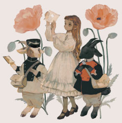 Rule 34 | 1girl, animal, bag, black footwear, black headwear, brown hair, buttons, clothed animal, double-breasted, dress, flower, frilled dress, frills, full body, goat, goat horns, hat, highres, holding, holding letter, holding paper, hooves, horizontal pupils, horns, letter, long hair, long sleeves, mailman, mary janes, messenger bag, original, pants, paper, peter pan collar, poppy (flower), shoes, shoulder bag, simple background, standing, tono (rt0no), white dress, yellow eyes