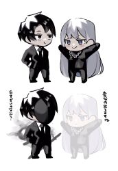 Rule 34 | 1boy, 1girl, angelica (project moon), arms up, black eyes, black hair, black jacket, black mask, black necktie, blue eyes, chibi, closed mouth, collared shirt, ghost, hand in pocket, highres, jacket, library of ruina, long hair, mu46016419, necktie, project moon, roland (project moon), shirt, simple background, smile, smoke, spoilers, sword, very long hair, weapon, white background, white hair, white shirt