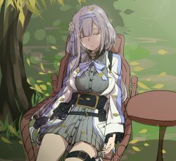 Rule 34 | belt, breasts, chair, closed eyes, flower, frilled sleeves, frills, grass, grey hair, hair between eyes, hair flower, hair ornament, highres, large breasts, leaf, long hair, original, pouch, sitting, sleeping, solo, table, thigh strap, tree, xiujia yihuizi