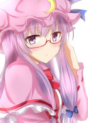 Rule 34 | 1girl, :&lt;, bespectacled, blue bow, blue ribbon, blush, bow, bowtie, capelet, close-up, closed mouth, crescent, frills, glasses, hair bow, hand in own hair, hat, hat ribbon, long hair, long sleeves, looking at viewer, low-tied long hair, patchouli knowledge, pink hat, purple eyes, purple hair, ram hachimin, red-framed eyewear, red bow, red bowtie, red ribbon, ribbon, ribbon-trimmed sleeves, ribbon trim, semi-rimless eyewear, sidelocks, simple background, solo, straight hair, striped, touhou, under-rim eyewear, upper body, vertical stripes, very long hair, white background