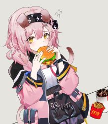 Rule 34 | 1girl, animal ears, arknights, black hairband, braid, burger, cat ears, cat tail, coat, cola, cup, disposable cup, eating, fast food, floppy ears, food, french fries, goldenglow (arknights), hair between eyes, hairband, holding, holding food, kyushi (user 41158199), lightning bolt print, long sleeves, looking at viewer, mcdonald&#039;s, multicolored coat, open clothes, open coat, pink coat, pink hair, print hairband, scissors, side braid, soda, solo, tail, two-tone coat, yellow eyes