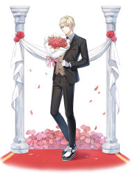 Rule 34 | 1boy, banner, black jacket, black necktie, black pants, black socks, blonde hair, bouquet, bow, brown vest, closed mouth, closers, collared shirt, column, falling petals, flower, formal, full body, gloves, hand up, highres, holding, holding bouquet, jacket, jacket tug, looking at viewer, male focus, necktie, official art, oxfords, pants, petals, pillar, pink bow, pink flower, pink rose, red carpet, red eyes, red flower, red rose, rose, shirt, short hair, smile, socks, solo, standing, suit, tachi-e, v-shaped eyebrows, vest, white background, white footwear, white gloves, white shirt, wolfgang schneider