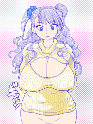Rule 34 | 10s, 1girl, asymmetrical hair, bad id, bad pixiv id, blue eyes, bottomless, breasts, cleavage, cleavage cutout, clothing cutout, eyeshadow, frown, galko, groin, hair bun, highres, huge breasts, long hair, makeup, meme attire, official style, one side up, open-chest sweater, oshiete! galko-chan, plump, polka dot, polka dot background, ribbed sweater, scrunchie, shiwasu no okina, side bun, single side bun, solo, standing, sweater, turtleneck, wide hips