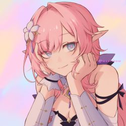 Rule 34 | 1girl, artist name, breasts, cleavage, closed mouth, dress, elysia (honkai impact), flower, gradient background, hair flower, hair intakes, hair ornament, hand on own cheek, hand on own chin, hand on own face, highres, honkai (series), honkai impact 3rd, light smile, long hair, looking to the side, medium breasts, pink hair, pointy ears, ribbon, solo, weeiskaw, wrist cuffs