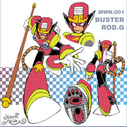 Rule 34 | 1boy, android, ariga hitoshi, arm up, armor, artist name, belt, black bodysuit, blue background, bodysuit, boots, brown background, buster rod g (mega man), character name, character sheet, checkered background, chest jewel, commentary request, concept art, from behind, full body, gem, gloves, gradient background, grey background, grey belt, grin, helmet, highres, holding rod, joints, knee boots, looking ahead, looking at viewer, looking to the side, male focus, mechanical tail, mega man: the wily wars, mega man (classic), mega man (series), mega man megamix, multiple views, no humans, open hand, portrait, purple gemstone, red armor, red eyes, red footwear, robot, robot ears, robot joints, scanlines, shoe soles, signature, simple background, smile, standing, tail, turnaround, white background, white gloves