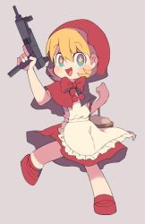 Rule 34 | 1girl, :d, apron, bare arms, basket, blonde hair, blue eyes, blush, bow, bowtie, bulleta, capelet, facing away, flipped hair, frilled apron, frills, full body, gun, hair between eyes, holding, holding gun, holding weapon, hood, hood up, hooded capelet, index finger raised, leg up, looking at viewer, miyata (lhr), open mouth, pom pom (clothes), raised eyebrows, red bow, red bowtie, red capelet, red footwear, red skirt, shoes, short hair, skirt, smile, solo, standing, standing on one leg, star-shaped pupils, star (symbol), submachine gun, symbol-shaped pupils, tongue, trigger discipline, vampire (game), weapon, white apron