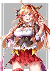 Rule 34 | 1girl, ahoge, blonde hair, blush, border, bow, braid, breasts, brown vest, cleavage, commentary request, diagonal-striped bow, dragon horns, dragon tail, fang, floating hair, grey background, hair between eyes, hairband, highres, hololive, horns, kiryu coco, kiryu coco (1st costume), large breasts, long hair, looking at viewer, mashiro aa, multicolored hair, open mouth, orange hair, pleated skirt, red eyes, red skirt, simple background, single braid, skin fang, skirt, smile, solo, tail, vest, virtual youtuber