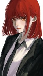 Rule 34 | 1girl, @ @, black necktie, black suit, blush, bright pupils, chainsaw man, closed mouth, eyelashes, formal, highres, inuo (inuo x), light blush, light smile, long eyelashes, looking at viewer, makima (chainsaw man), medium hair, necktie, orange eyes, red hair, red lips, ringed eyes, simple background, smile, solo, suit, white background, white pupils