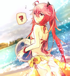 Rule 34 | 1girl, ?, ass, ball, beach, beachball, bikini, butt crack, commentary request, day, fate/grand order, fate (series), long hair, looking at viewer, ocean, red eyes, red hair, red scrunchie, satoimo (3311 mi), scrunchie, sita (fate), smile, spoken question mark, swimsuit, twintails, wrist scrunchie