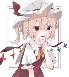 Rule 34 | 1girl, blonde hair, crystal wings, finger to mouth, flandre scarlet, hand up, hat, mob cap, nacht musik, open mouth, pointy ears, puffy short sleeves, puffy sleeves, short sleeves, shushing, side ponytail, simple background, solo, touhou, upper body, white background