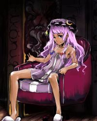Rule 34 | 1girl, armchair, blue ribbon, chair, crescent, crescent hair ornament, dark-skinned female, dark skin, dress, enpou, female focus, hair ornament, hat, long hair, mob cap, patchouli knowledge, purple eyes, purple hair, red ribbon, ribbon, sitting, slippers, solo, striped clothes, striped dress, touhou, vertical stripes