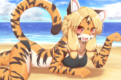 Rule 34 | 1girl, all fours, animal ears, animal nose, ass, beach, bikini, black bikini, black fur, blonde hair, blush, breasts, cleavage, day, fang, from side, furry, furry female, highres, horokusa (korai), large breasts, looking at viewer, medium hair, open mouth, orange fur, original, outdoors, red eyes, slit pupils, smile, solo, swimsuit, tail, tiger ears, tiger girl, tiger tail, white fur