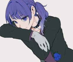 Rule 34 | 1girl, alternate hair color, black jacket, blue eyes, blue flower, blue hair, blue rose, closed mouth, collar, ear piercing, flower, gloves, grey background, highres, holding, holding flower, idolmaster, idolmaster shiny colors, jacket, jichi, long hair, long sleeves, looking at viewer, low ponytail, piercing, rose, simple background, solo, tanaka mamimi, upper body, white gloves