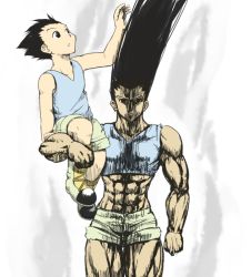 Rule 34 | 2boys, dual persona, gon freecss, hunter x hunter, long hair, male focus, multiple boys, muscular, pale color, torn clothes, very long hair, white background