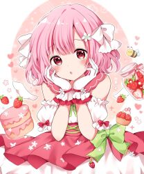 Rule 34 | 1girl, bare shoulders, bee, blush, bow, bug, detached sleeves, detached wings, dress, flower, food, fruit, gloves, hair bow, hair flower, hair ornament, hair ribbon, hands on own face, heart, highres, insect, kokoshira 0510, looking at viewer, macaron, original, pink eyes, pink hair, pink sailor collar, red eyes, ribbon, sailor collar, short hair, solo, strawberry, white gloves, wings