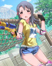 Rule 34 | 10s, 1girl, artist request, blue hair, blush, elbow pads, fingerless gloves, gloves, gym shorts, hair ornament, heart, idolmaster, idolmaster million live!, knee pads, long hair, looking at viewer, official art, open mouth, red eyes, shorts, solo, takayama sayoko, water gun