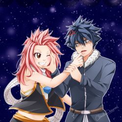 Rule 34 | 1boy, 1girl, belt, blue hair, claudia dragneel, fairy tail, fur trim, gray fullbuster, highres, if they mated, jacket, juvia lockser, lucy heartfilia, natsu dragneel, pink hair, scarf, smile, source request, tagme, vest
