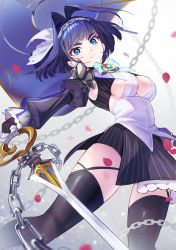 Rule 34 | 1girl, akaike, black gloves, black thighhighs, blue bow, blue eyes, blue hair, bow, breasts, chain, chain headband, cleavage cutout, closed mouth, clothing cutout, commentary, detached sleeves, floating hair, gem, gloves, hair intakes, halo, head chain, highres, holding, holding sword, holding weapon, hololive, hololive english, jewelry, long sleeves, looking at viewer, mechanical halo, medium breasts, ouro kronii, ouro kronii (1st costume), petals, shirt, short hair, skirt, smile, solo, striped clothes, striped skirt, sword, thick eyebrows, thighhighs, vertical-striped clothes, vertical-striped skirt, virtual youtuber, weapon, white shirt