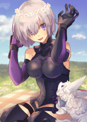 Rule 34 | 1girl, :d, absurdres, armor, bad id, bad pixiv id, bare shoulders, blue sky, breasts, cloud, day, elbow gloves, fate/grand order, fate (series), flower, fou (fate), gloves, hair flower, hair ornament, hair over one eye, highres, hino hinako, mash kyrielight, medium breasts, open mouth, purple eyes, purple gloves, purple hair, short hair, sitting, sky, smile