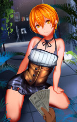 Rule 34 | 10s, 1girl, bad id, bad pixiv id, bare legs, bare shoulders, highres, hoshizora rin, kneeling, looking at viewer, love live!, love live! school idol project, money, orange hair, prostitution, short hair, skirt, smile, solo, solo focus, xiaoshou xiansheng, yellow eyes