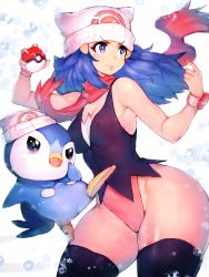 Rule 34 | 1girl, adapted costume, bare shoulders, black thighhighs, blue background, blue eyes, blue hair, breasts, bubble, closed mouth, cowboy shot, creatures (company), curvy, dawn (pokemon), flying kick, fumio (rsqkr), game freak, gen 4 pokemon, hair ornament, hat, highleg, highleg leotard, highres, holding, holding poke ball, kicking, leotard, long hair, matching hair/eyes, medium breasts, nintendo, piplup, poke ball, poke ball (basic), pokemon, pokemon (creature), pokemon dppt, scarf, shiny skin, sleeveless, thick thighs, thighhighs, thighs, white background, white headwear, wide hips