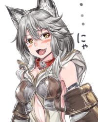 Rule 34 | 10s, 1girl, animal ears, bright pupils, collar, detached sleeves, erune, fangs, granblue fantasy, h kasei, long hair, looking at viewer, open mouth, sen (granblue fantasy), shirt, silver hair, smile, solo, upper body, yellow eyes