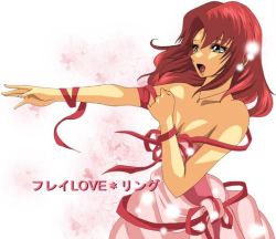Rule 34 | 00s, breasts, cleavage, dress, flay allster, gundam, gundam seed, long hair, open mouth, purple eyes, red hair, ribbon, solo