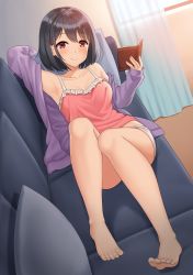 Rule 34 | 1girl, arm up, armpits, bare shoulders, barefoot, black hair, book, breasts, camisole, collarbone, couch, frilled shirt, frills, hair ornament, hairclip, highres, holding, jacket, knees up, kurisu-kun, looking at viewer, medium breasts, micro shorts, midriff, on couch, open clothes, open jacket, original, pink shirt, purple jacket, reclining, red eyes, shirt, short hair, shorts, sleeveless, sleeveless shirt, smile, solo, thighs