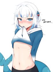 Rule 34 | 1girl, absurdres, arms behind back, black shorts, blue hair, blush, clothes lift, flat chest, gawr gura, gawr gura (1st costume), gills, highres, hololive, hololive english, hood, hoodie, hoodie lift, lifted by self, looking at viewer, medium hair, mouth hold, multicolored hair, navel, shorts, skkazu1, solo, streaked hair, two side up, virtual youtuber, white background, white hair