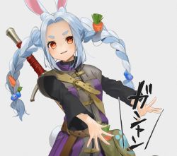 Rule 34 | 1girl, animal ear fluff, animal ears, bad id, bad twitter id, bag, belt, blue hair, blush, braid, brown belt, carrot, carrot hair ornament, character hair ornament, closed mouth, cosplay, dragon quest, dragon quest xi, dress, food-themed hair ornament, gotou (nekocat), hair ornament, hero (dq11), hero (dq11) (cosplay), hololive, light blue hair, long hair, long sleeves, looking at viewer, messenger bag, orange eyes, parted bangs, parted lips, paw print, purple dress, rabbit ears, rabbit girl, rabbit tail, short eyebrows, shoulder bag, signature, slime (dragon quest), smile, solo, sword, tail, thick eyebrows, twin braids, usada pekora, virtual youtuber, weapon, white background
